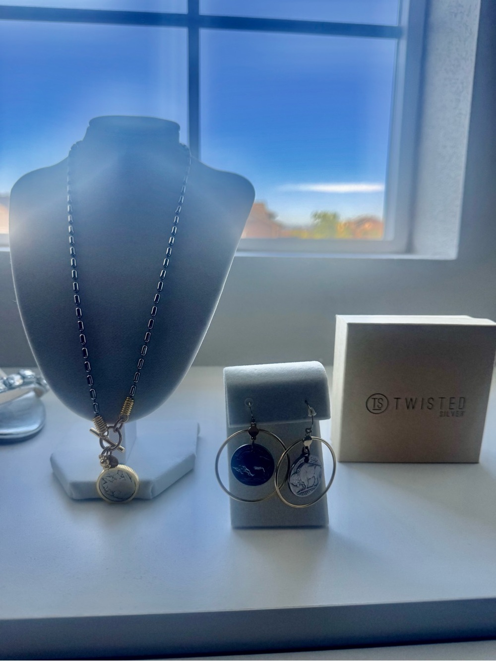 Buffalo Mixed Metal Pendant Necklace and Hoop Earrings Set